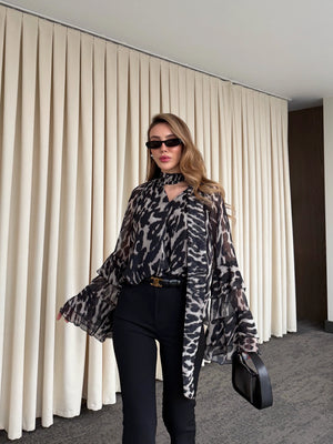 Siyah Bağlamalı Şifon Bluz - 5024