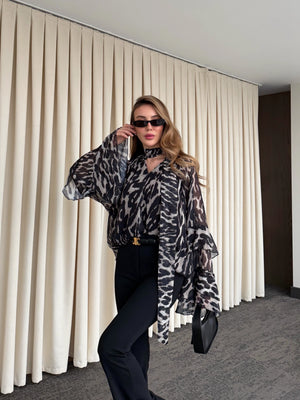 Siyah Bağlamalı Şifon Bluz - 5024