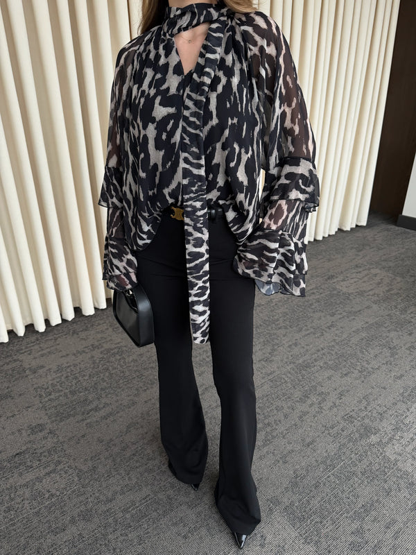 Siyah Bağlamalı Şifon Bluz - 5024