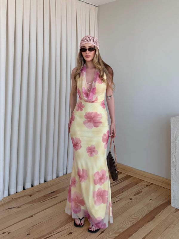 Sarı Pembe Çiçekli Göğüs Dekolteli Elbise - 8514