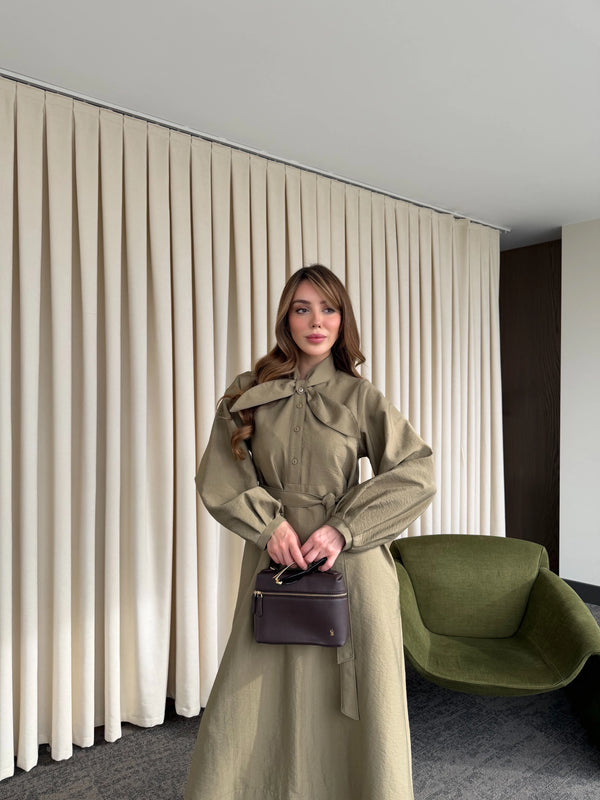 Haki Yakası Fiyonk Detaylı Elbise- 2001