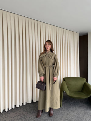 Haki Yakası Fiyonk Detaylı Elbise- 2001