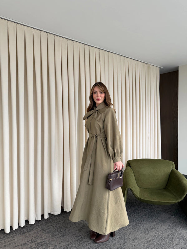 Haki Yakası Fiyonk Detaylı Elbise- 2001