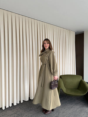 Haki Yakası Fiyonk Detaylı Elbise- 2001