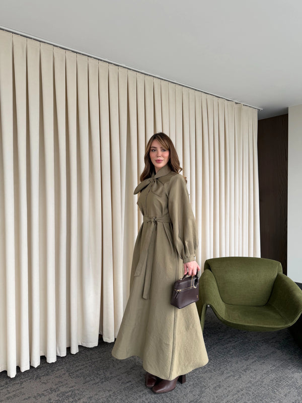 Haki Yakası Fiyonk Detaylı Elbise- 2001