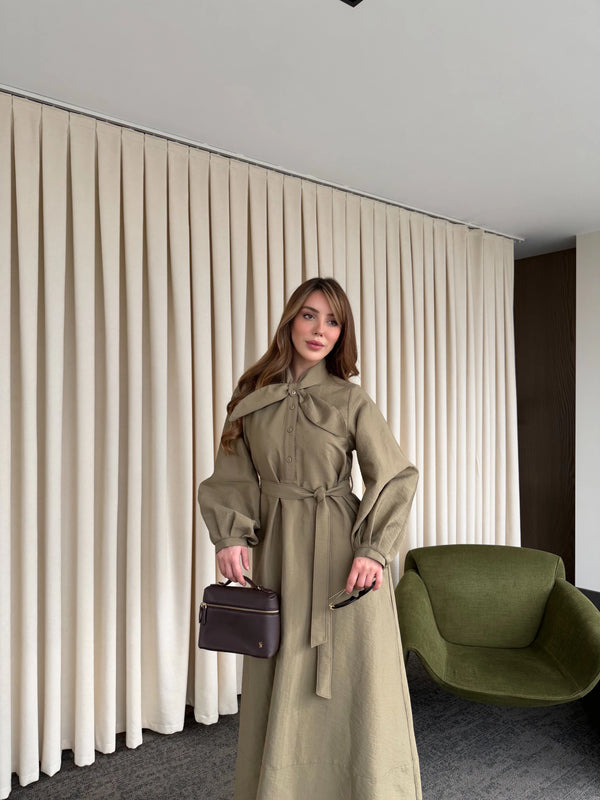 Haki Yakası Fiyonk Detaylı Elbise- 2001