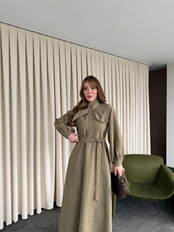 Haki Yakası Fiyonk Detaylı Elbise- 2001