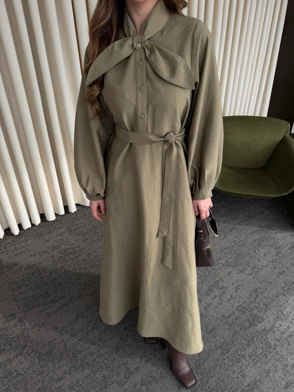 Haki Yakası Fiyonk Detaylı Elbise- 2001