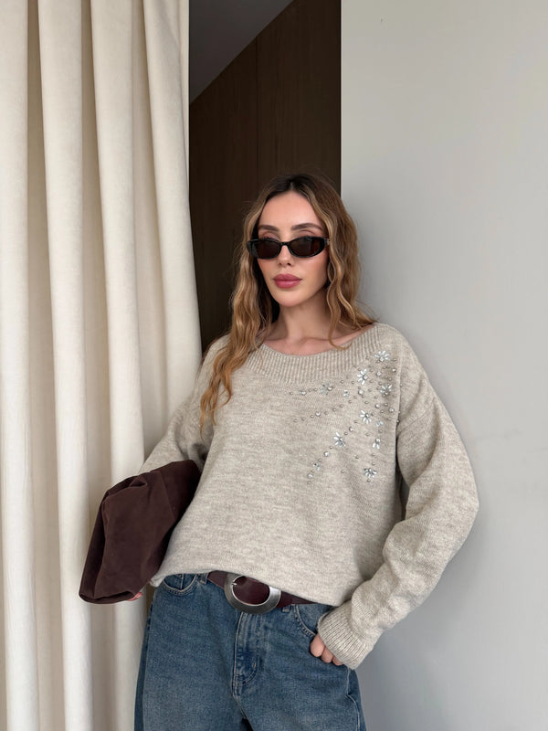 Bej Taş İşlemeli Kayık Yaka Kazak - 251189