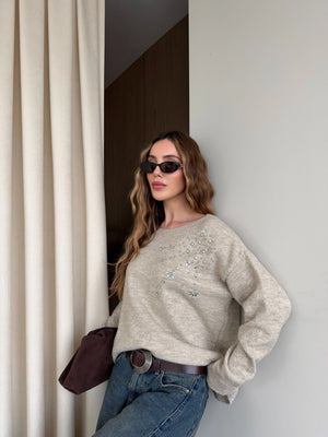 Bej Taş İşlemeli Kayık Yaka Kazak - 251189