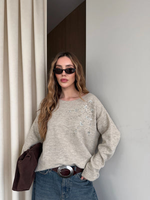 Bej Taş İşlemeli Kayık Yaka Kazak - 251189