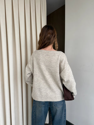 Bej Taş İşlemeli Kayık Yaka Kazak - 251189