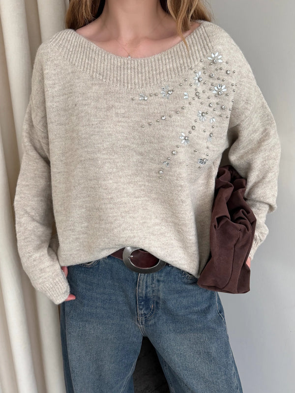 Bej Taş İşlemeli Kayık Yaka Kazak - 251189