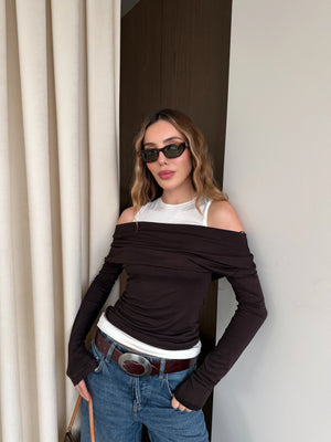 Kahverengi Beyaz Atletli Kayık Yaka Bluz - 0780