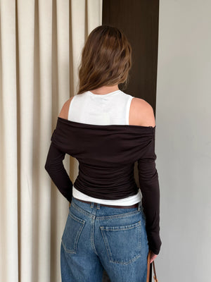 Kahverengi Beyaz Atletli Kayık Yaka Bluz - 0780