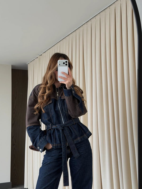 Lacivert - Kahve Bağlamalı Ceket Pantolon Denim Takım - 0836