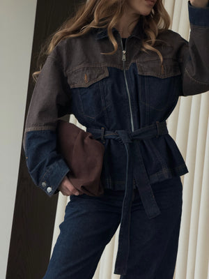 Lacivert - Kahve Bağlamalı Ceket Pantolon Denim Takım - 0836