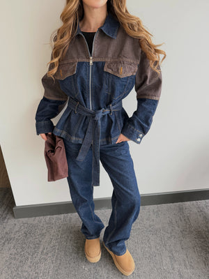 Lacivert - Kahve Bağlamalı Ceket Pantolon Denim Takım - 0836