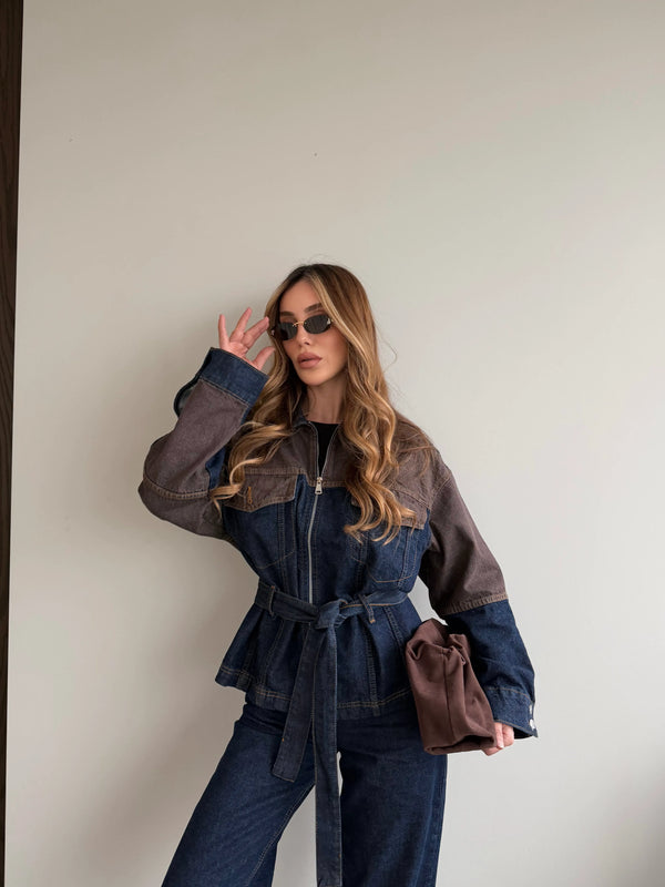 Lacivert - Kahve Bağlamalı Ceket Pantolon Denim Takım - 0836