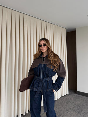 Lacivert - Kahve Bağlamalı Ceket Pantolon Denim Takım - 0836