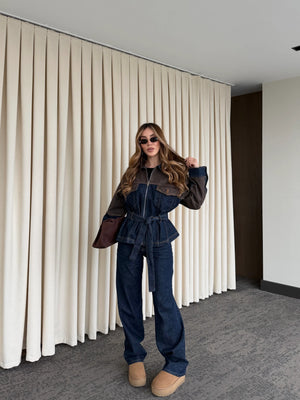 Lacivert - Kahve Bağlamalı Ceket Pantolon Denim Takım - 0836