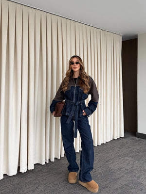 Lacivert - Kahve Bağlamalı Ceket Pantolon Denim Takım - 0836