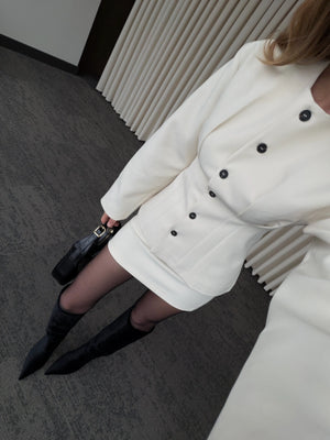 Ekru Düğmeli Pileli Ceket Etek Takım - 30422