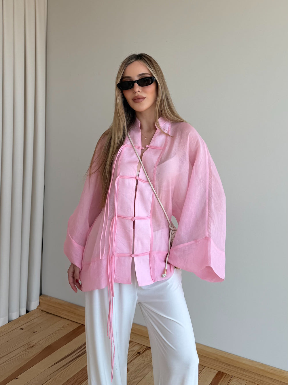 Pembe İp Bağcıklı Transparan Kimono - 5098