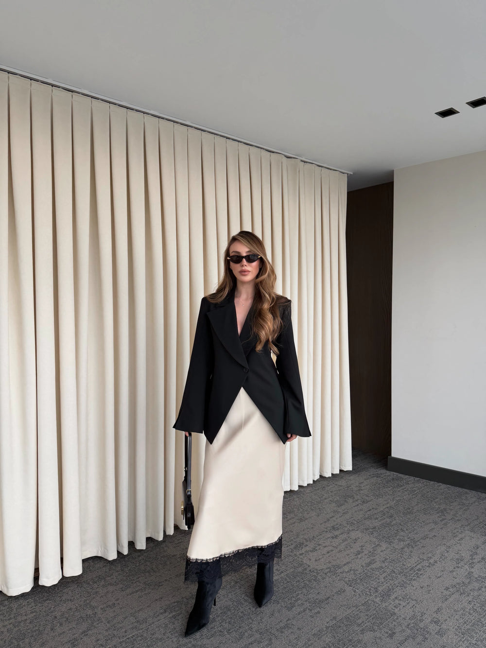 Siyah Kruvaze Tek Düğmeli Ceket - 7011