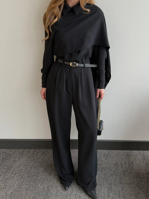 Siyah Kemerli Şal Yaka Gömlek Pantolon Takım - 8004