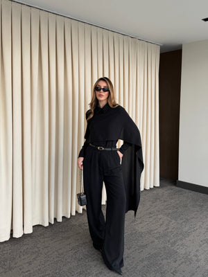 Siyah Kemerli Şal Yaka Gömlek Pantolon Takım - 8004