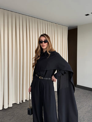 Siyah Kemerli Şal Yaka Gömlek Pantolon Takım - 8004