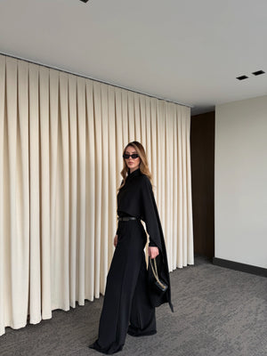 Siyah Kemerli Şal Yaka Gömlek Pantolon Takım - 8004