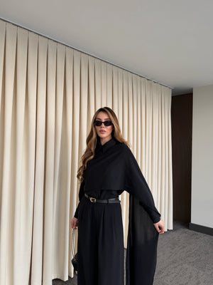 Siyah Kemerli Şal Yaka Gömlek Pantolon Takım - 8004