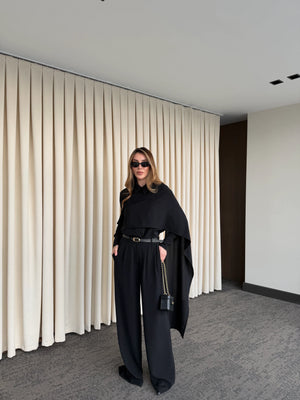 Siyah Kemerli Şal Yaka Gömlek Pantolon Takım - 8004