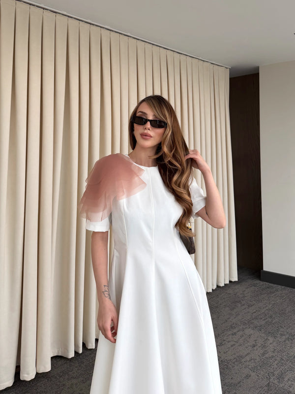 Ekru Seyyar Broşlu Elbise - 3151