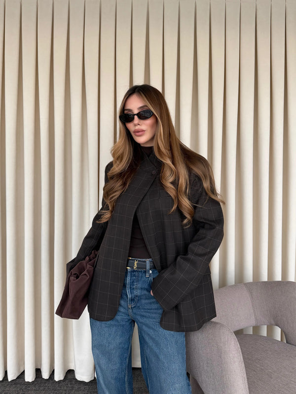 Kahverengi Hakim Yaka Ekose Ceket - 4103