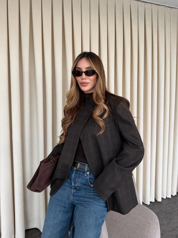 Kahverengi Hakim Yaka Ekose Ceket - 4103