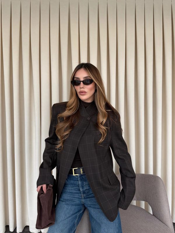 Kahverengi Hakim Yaka Ekose Ceket - 4103