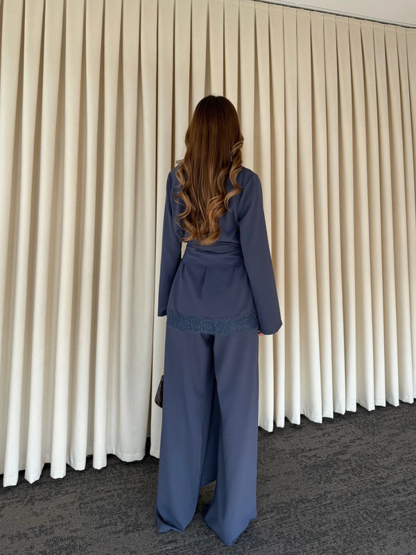 İndigo Kuşaklı Dantel Detaylı Bluz Pantolon Takım - 8006