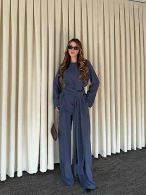 İndigo Kuşaklı Dantel Detaylı Bluz Pantolon Takım - 8006