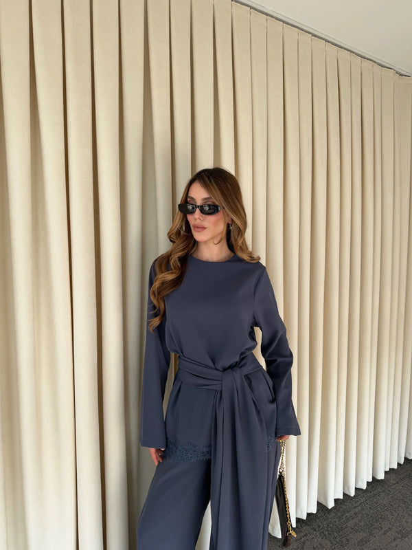 İndigo Kuşaklı Dantel Detaylı Bluz Pantolon Takım - 8006