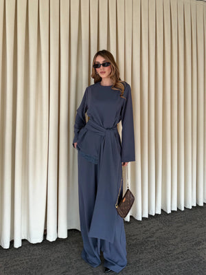 İndigo Kuşaklı Dantel Detaylı Bluz Pantolon Takım - 8006