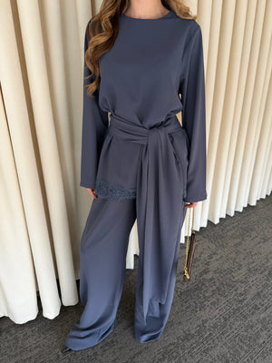 İndigo Kuşaklı Dantel Detaylı Bluz Pantolon Takım - 8006