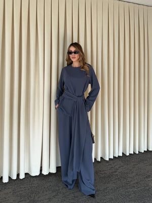 İndigo Kuşaklı Dantel Detaylı Bluz Pantolon Takım - 8006