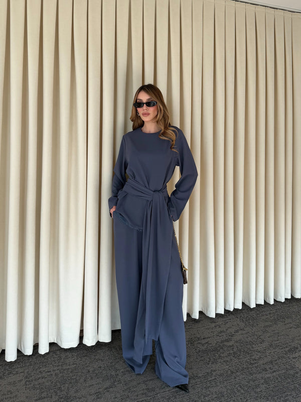 İndigo Kuşaklı Dantel Detaylı Bluz Pantolon Takım - 8006