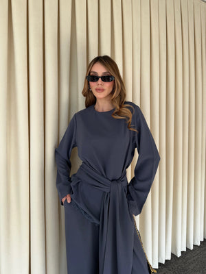 İndigo Kuşaklı Dantel Detaylı Bluz Pantolon Takım - 8006