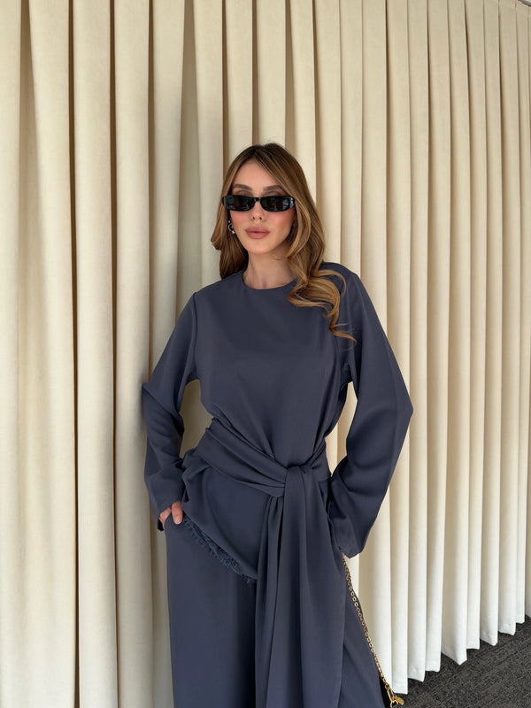 İndigo Kuşaklı Dantel Detaylı Bluz Pantolon Takım - 8006