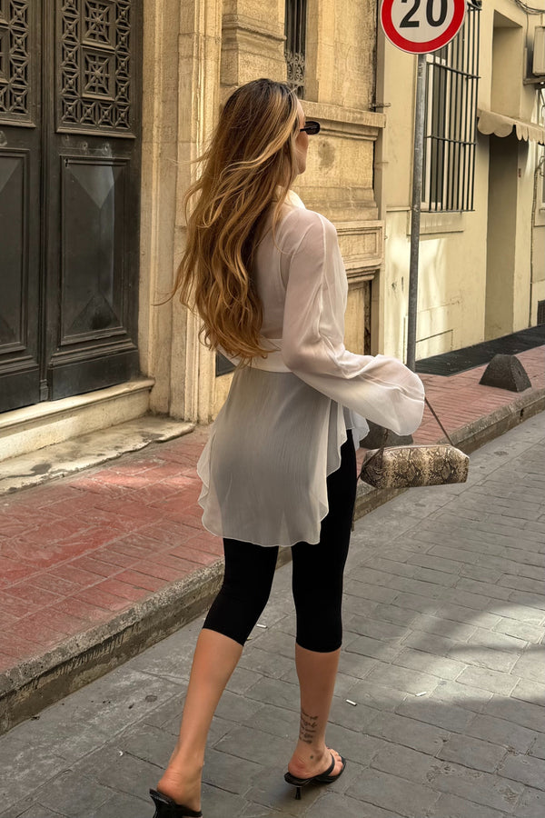 Ekru Beli Saten Nakış Detaylı Şifon Gömlek - 2625