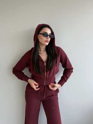 Bordo %100 Pamuk Kapüşonlu Fitilli Takım - 51232